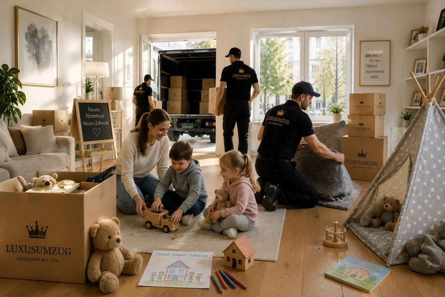 Umzug mit Kindern, sorgfältig geplanter hochwertiger Umzug