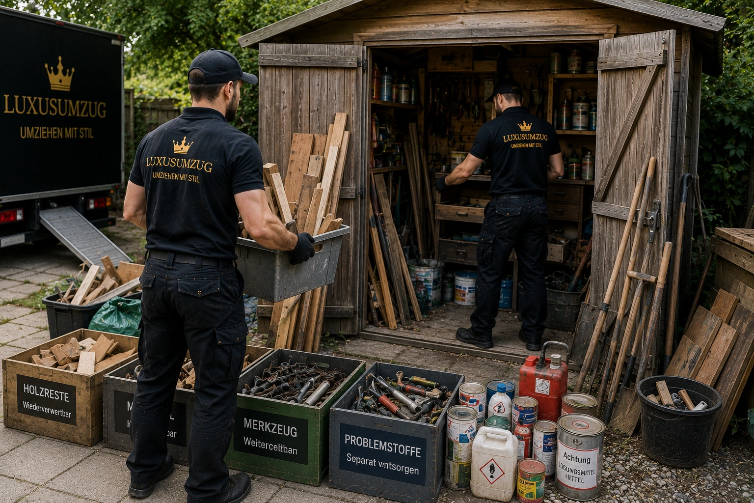 Schuppen räumen: Werkzeug, Holzreste und Problemstoffe sauber sortieren, professionell und sorgfältig geplante Räumung